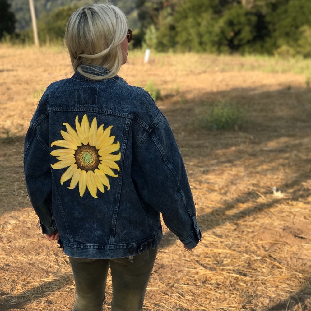 Vintage Jean Jacket with hand painted sunflower